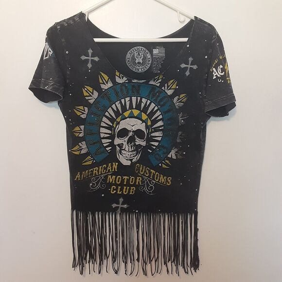 Affliction Womans Small American Customs Motor Club Native American Skull - Picture 1 of 8